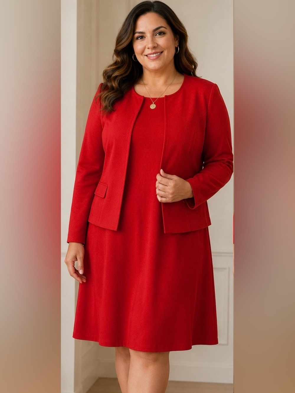 St. John Knit Red Jacket Dress Suit 2 piece Sz 14 16